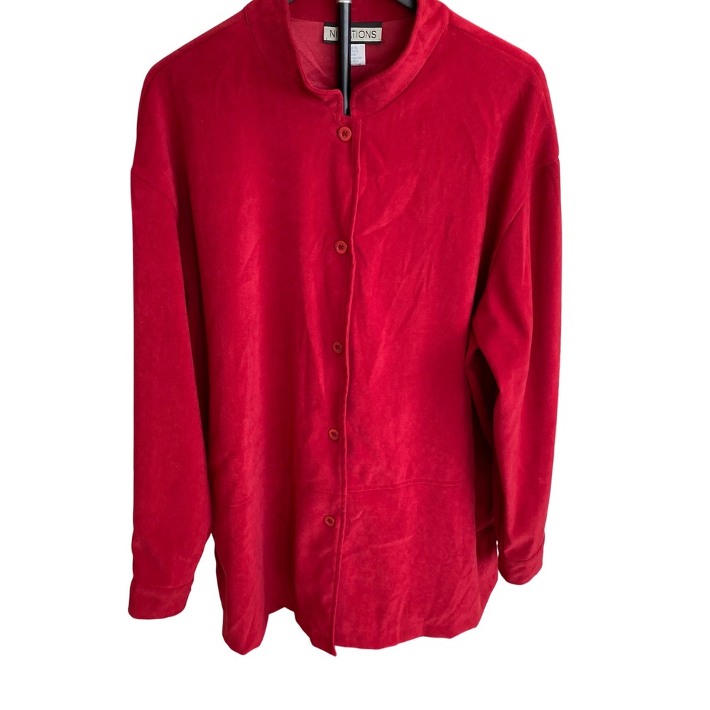 Notations Red Faux Suede Mandarin Collar Button Front Blouse Top XL